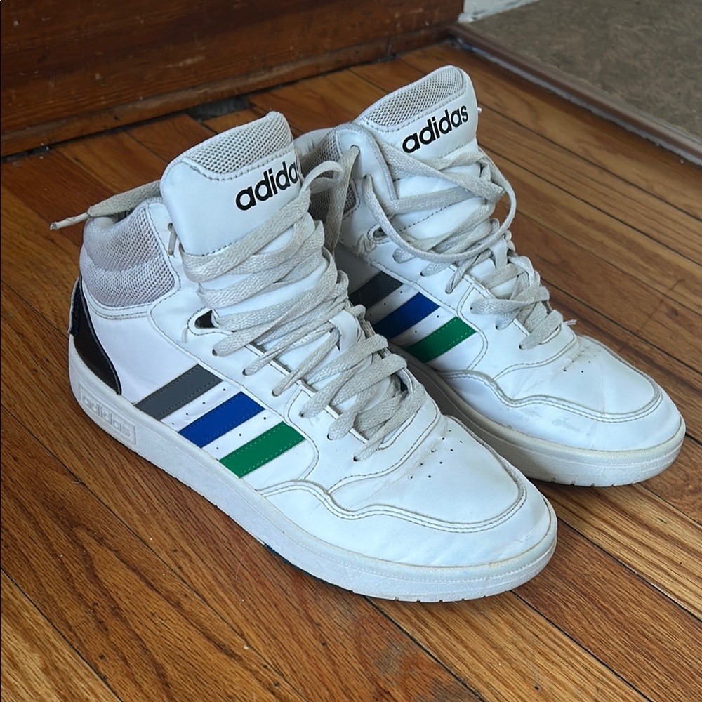 Adidas White High-Top Sneakers with Blue and Green Stripes
